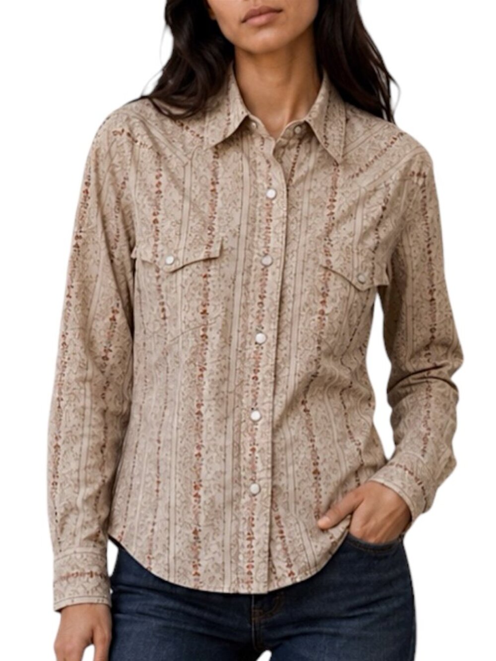 L Vintage Tangents Tan Floral Western Snap Button Cowgirl Shirt